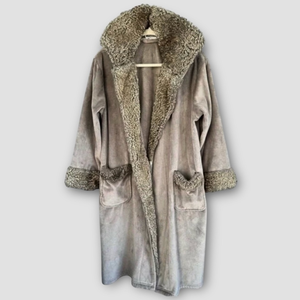 Pottery Barn Plush Faux Fur Trim Robe Taupe Grey Fleece Long Loungewear Sz S